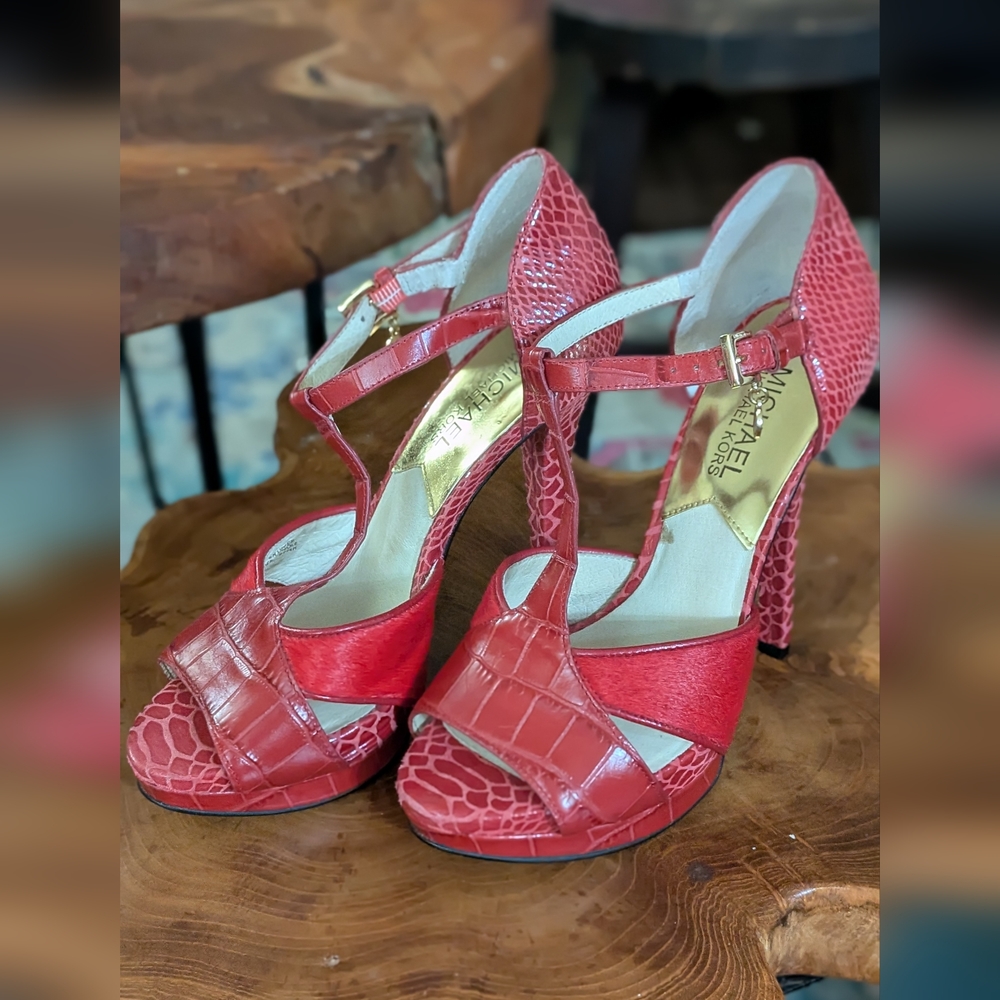 Michael Kors Red Crocodile Animal Print and Fur Women Platform Heels